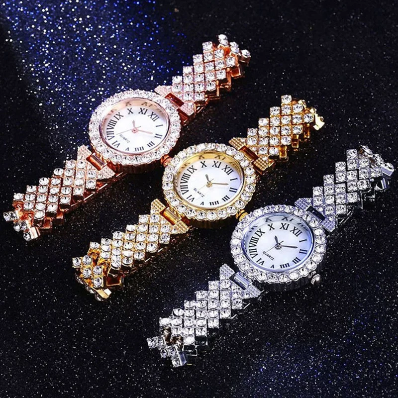 Damen Armband Uhren Set Strass Luxus Quarz Silber Gold Business Armbanduhr