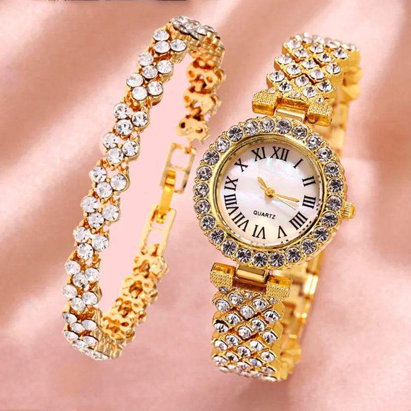 Damen Armband Uhren Set Strass Luxus Quarz Silber Gold Business Armbanduhr