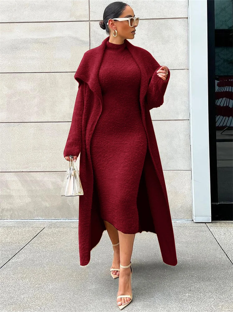 2-teiliges Damen Outfit Strickjacke langes Kleid Jacke Bodycon Rock Strickkleid