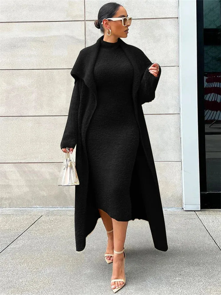 2-teiliges Damen Outfit Strickjacke langes Kleid Jacke Bodycon Rock Strickkleid