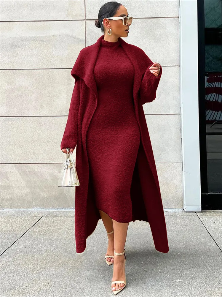 2-teiliges Damen Outfit Strickjacke langes Kleid Jacke Bodycon Rock Strickkleid