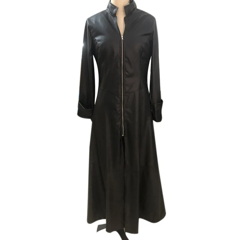 Damen Leder Mantel PU Trenchcoat Jacke Stehkragen Schwarz Gothic