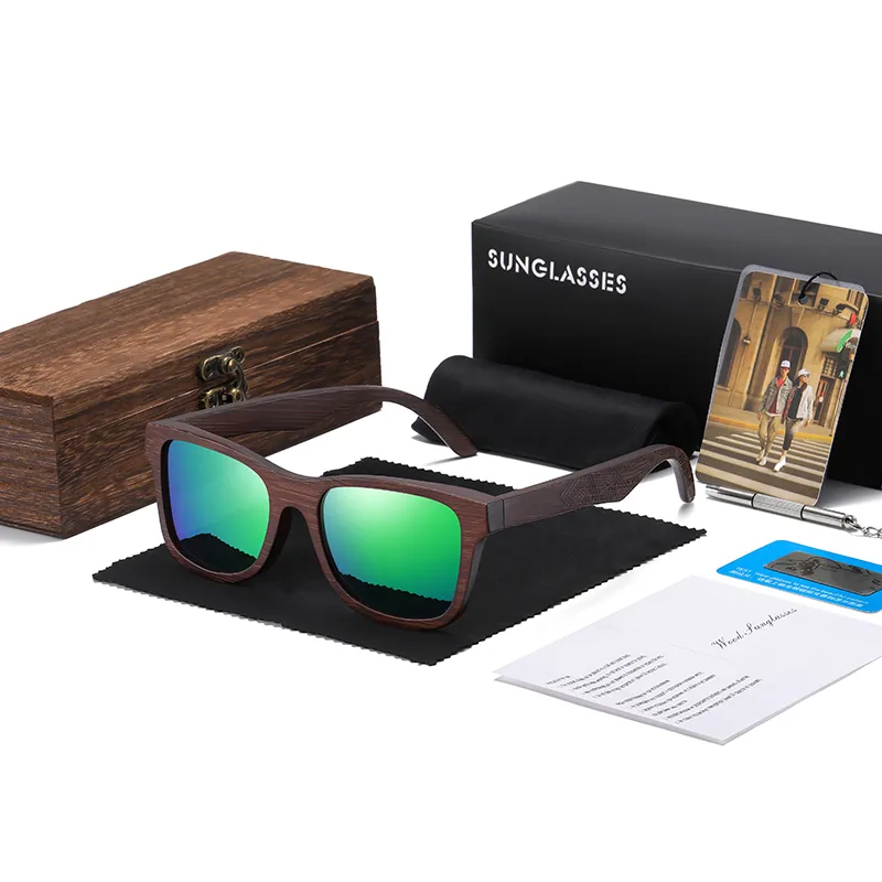 Designer Luxus Sonnenbrille Damen Herren Quadratische Gläser Holzgestell Vintage