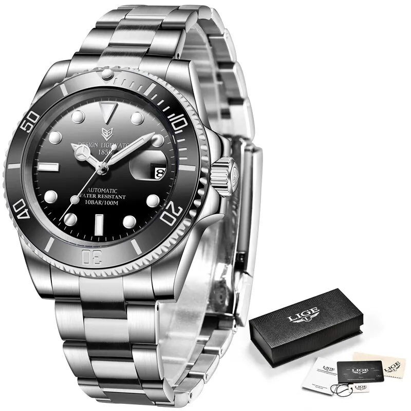Herren Armbanduhr Silber Schwarz Edelstahl Automatik Luxus Chronograph Business
