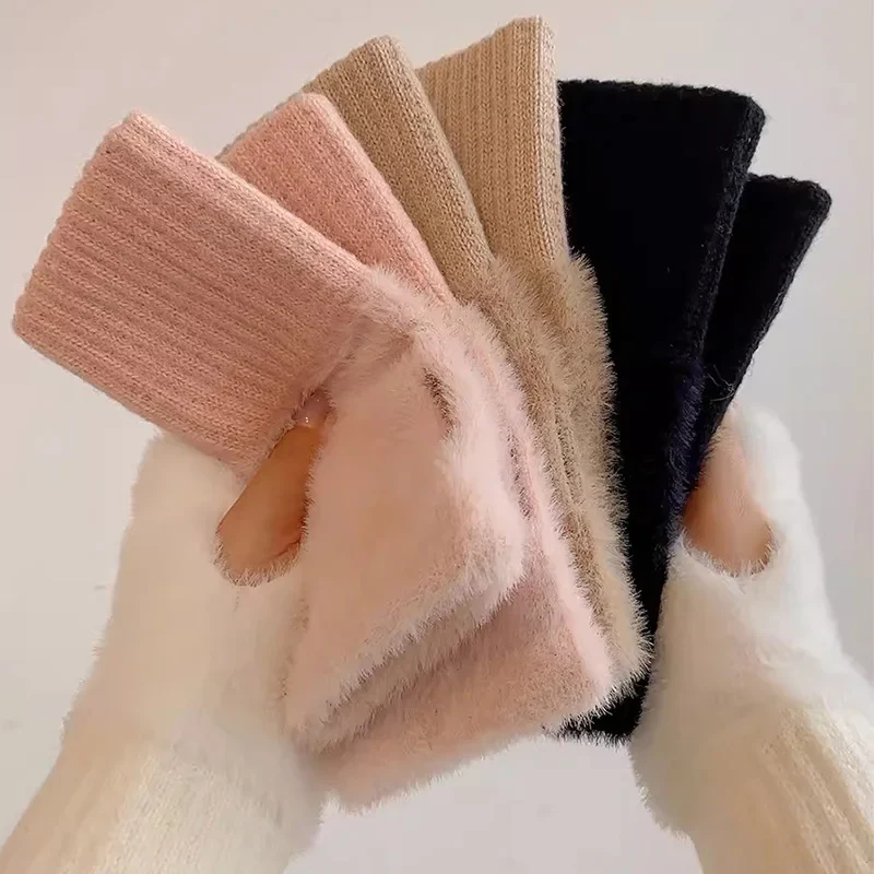 Winter Handschuhe Damen Strick fingerlose Handwärmer Fäustlinge Halbfinger