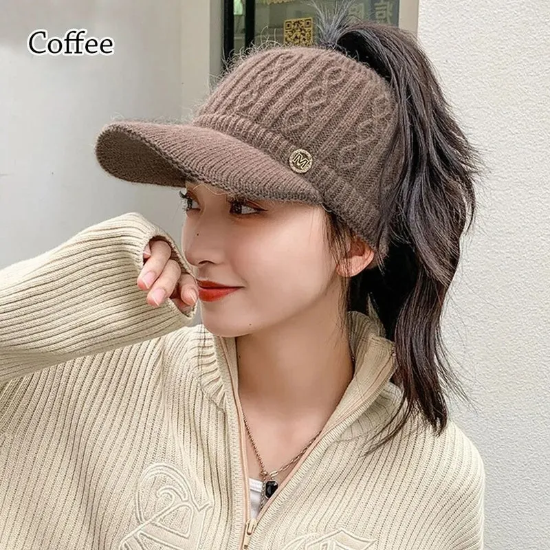 Damen Strickmütze mit Zopfloch Woll Strick Mütze Basecap Kappe Pferdeschwanz