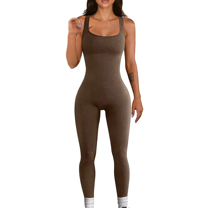 Damen Bodycon Gerippt Overall Stretch Yoga Jumpsuit Streetwear Fitness Strampler