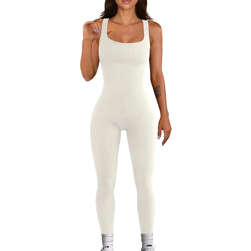 Damen Bodycon Gerippt Overall Stretch Yoga Jumpsuit Streetwear Fitness Strampler