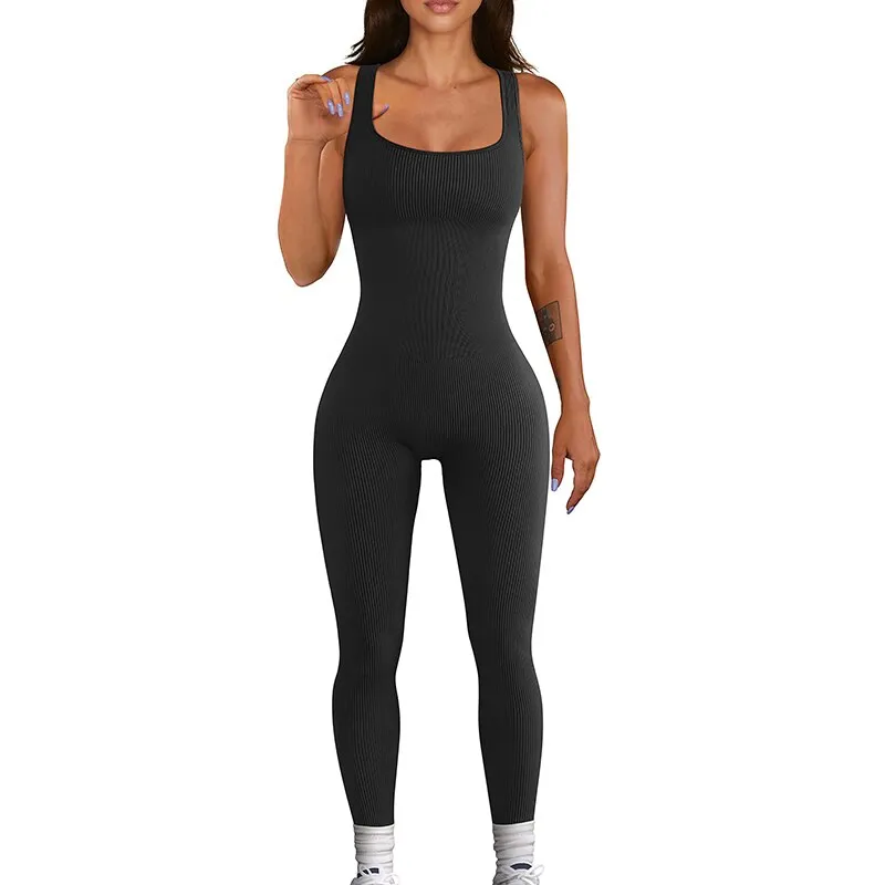 Damen Bodycon Gerippt Overall Stretch Yoga Jumpsuit Streetwear Fitness Strampler