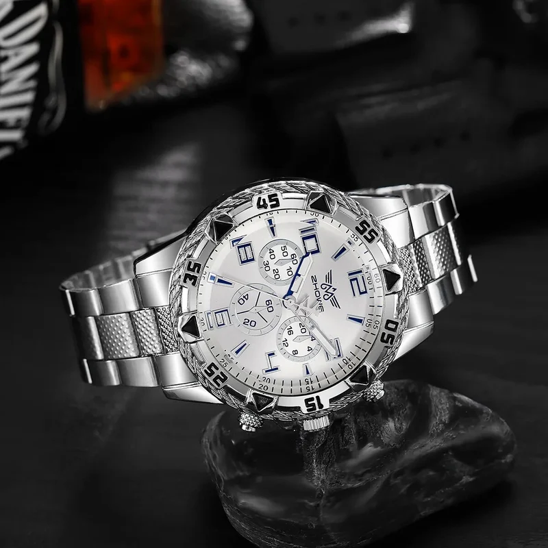 Herren Armbanduhr Silber Schwarz Edelstahl Quarzuhr Luxus Chronograph Business