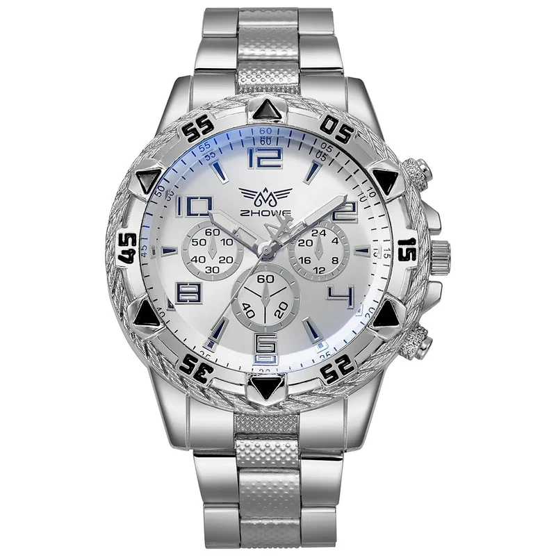Herren Armbanduhr Silber Schwarz Edelstahl Quarzuhr Luxus Chronograph Business