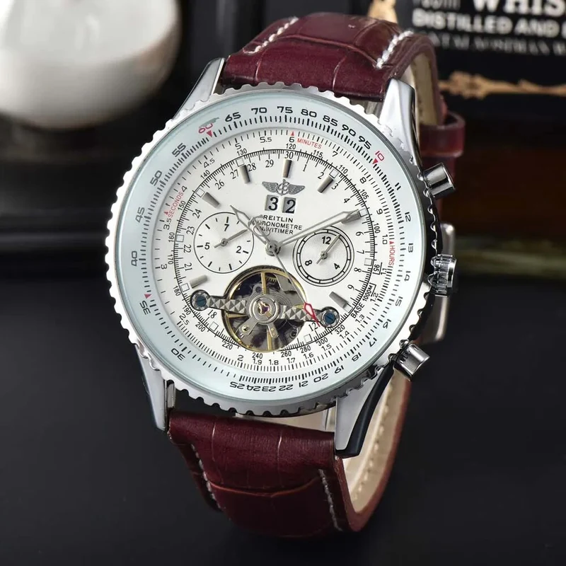 Herren Armbanduhr Silber Schwarz Edelstahl Automatik Luxus Chronograph Business