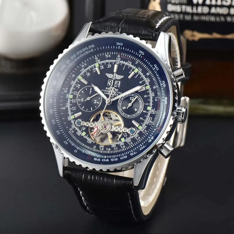 Herren Armbanduhr Silber Schwarz Edelstahl Automatik Luxus Chronograph Business