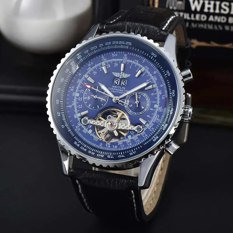 Herren Armbanduhr Silber Schwarz Edelstahl Automatik Luxus Chronograph Business