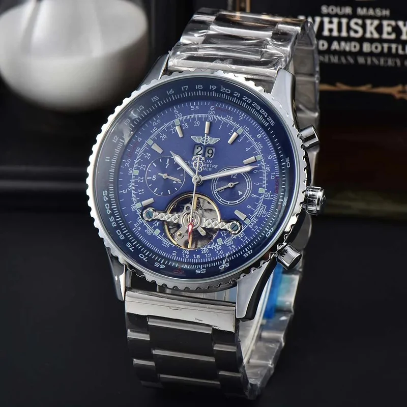 Herren Armbanduhr Silber Schwarz Edelstahl Automatik Luxus Chronograph Business