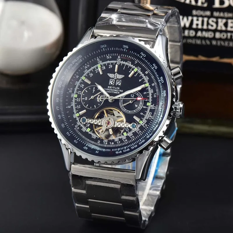 Herren Armbanduhr Silber Schwarz Edelstahl Automatik Luxus Chronograph Business