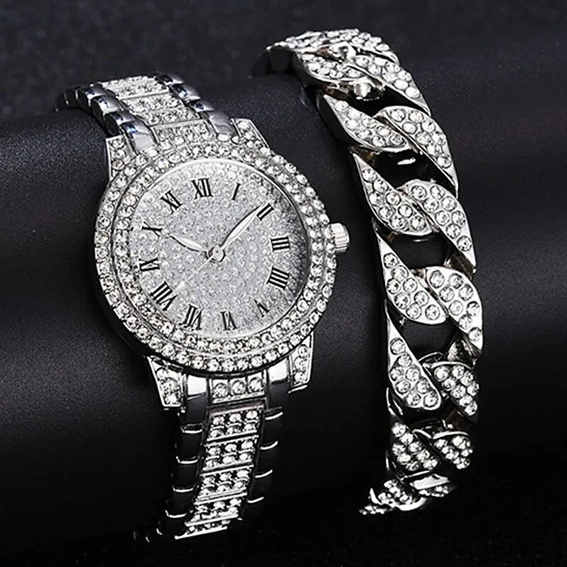 Damen Armband Uhren Set Strass Luxus Quarz Silber Gold Business Armbanduhr