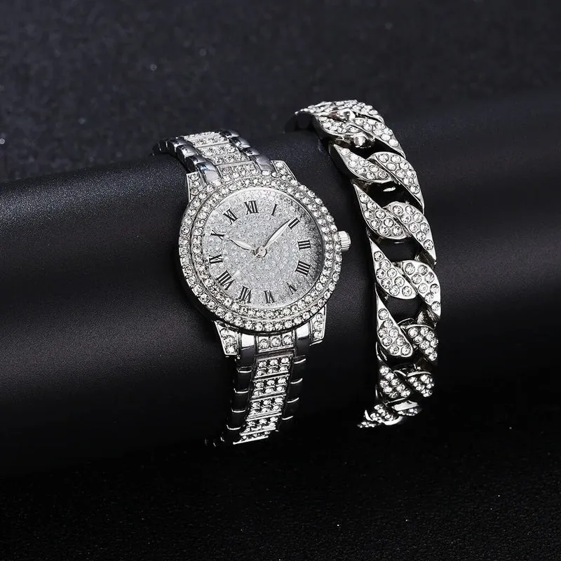 Damen Armband Uhren Set Strass Luxus Quarz Silber Gold Business Armbanduhr