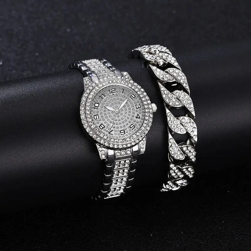 Damen Armband Uhren Set Strass Luxus Quarz Silber Gold Business Armbanduhr