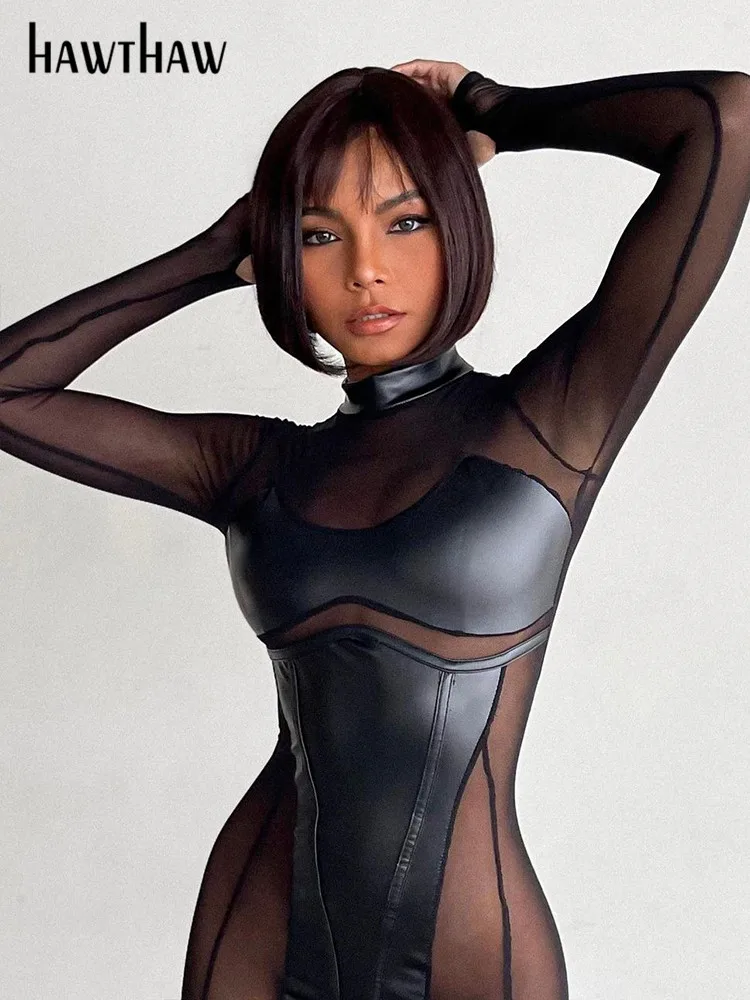 Sexy Damen Bodycon Overall Jumpsuit Strampler Catsuits Leder Optik Nachtclub