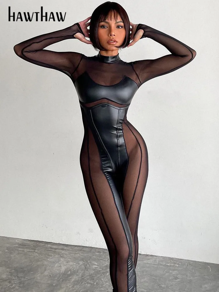 Sexy Damen Bodycon Overall Jumpsuit Strampler Catsuits Leder Optik Nachtclub