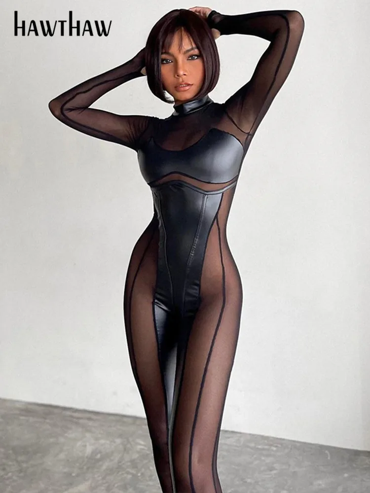 Sexy Damen Bodycon Overall Jumpsuit Strampler Catsuits Leder Optik Nachtclub