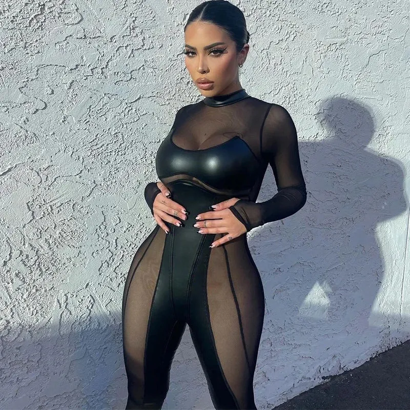 Sexy Damen Bodycon Overall Jumpsuit Strampler Catsuits Leder Optik Nachtclub
