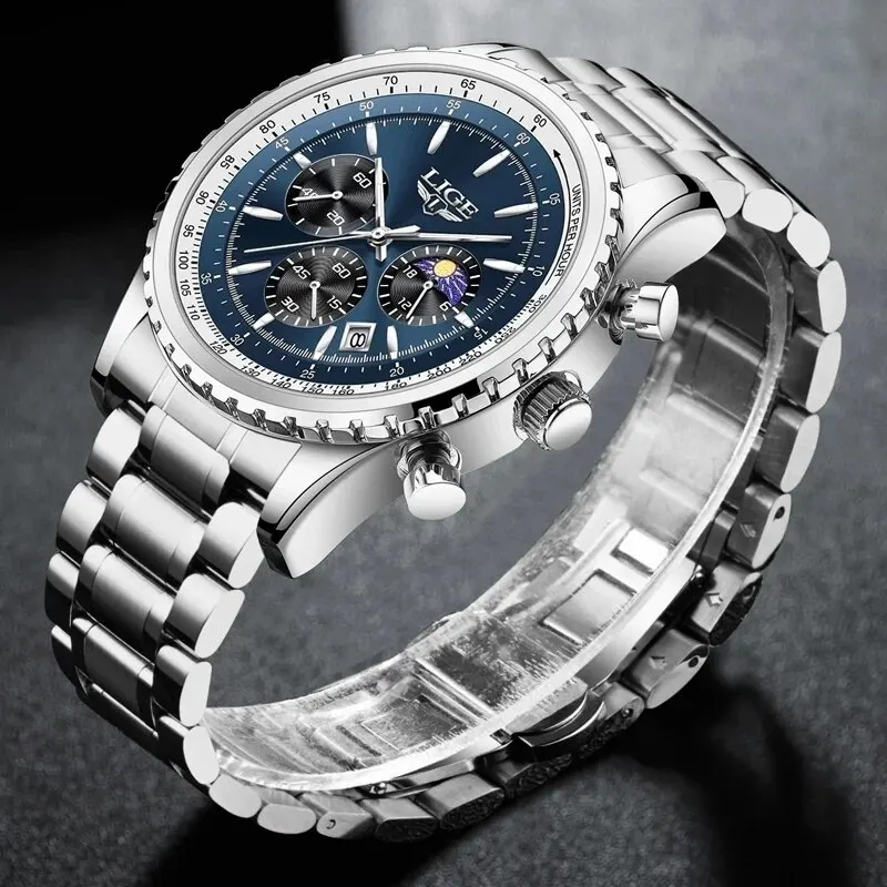 Herren Armbanduhr Silber Gold Edelstahl Fashion Quarz Uhr Chronograph Business