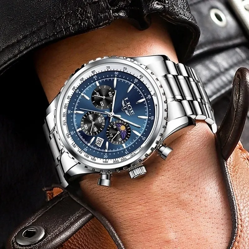 Herren Armbanduhr Silber Gold Edelstahl Fashion Quarz Uhr Chronograph Business