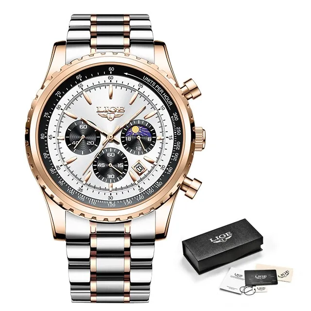 Herren Armbanduhr Silber Gold Edelstahl Fashion Quarz Uhr Chronograph Business