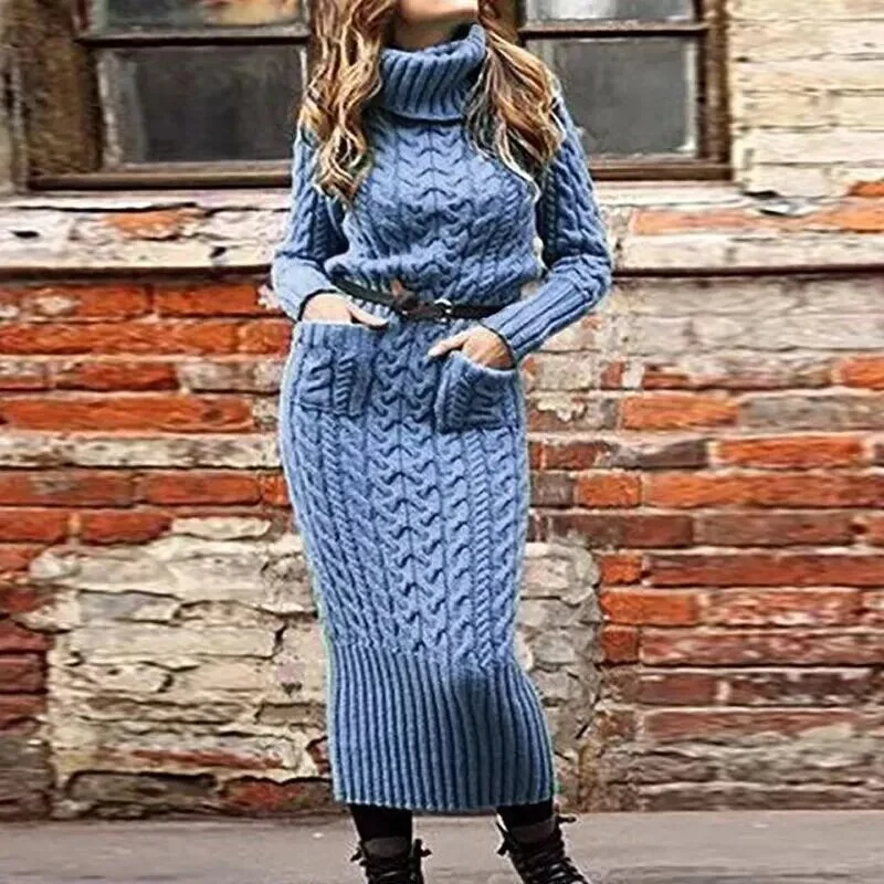 Damen Wollkleid Rollkragen Stiefelkleid Herbstkleid Winterkleid Strickkleid