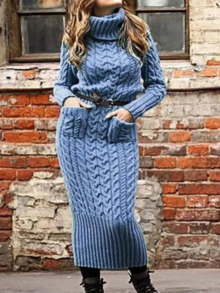 Damen Wollkleid Rollkragen Stiefelkleid Herbstkleid Winterkleid Strickkleid