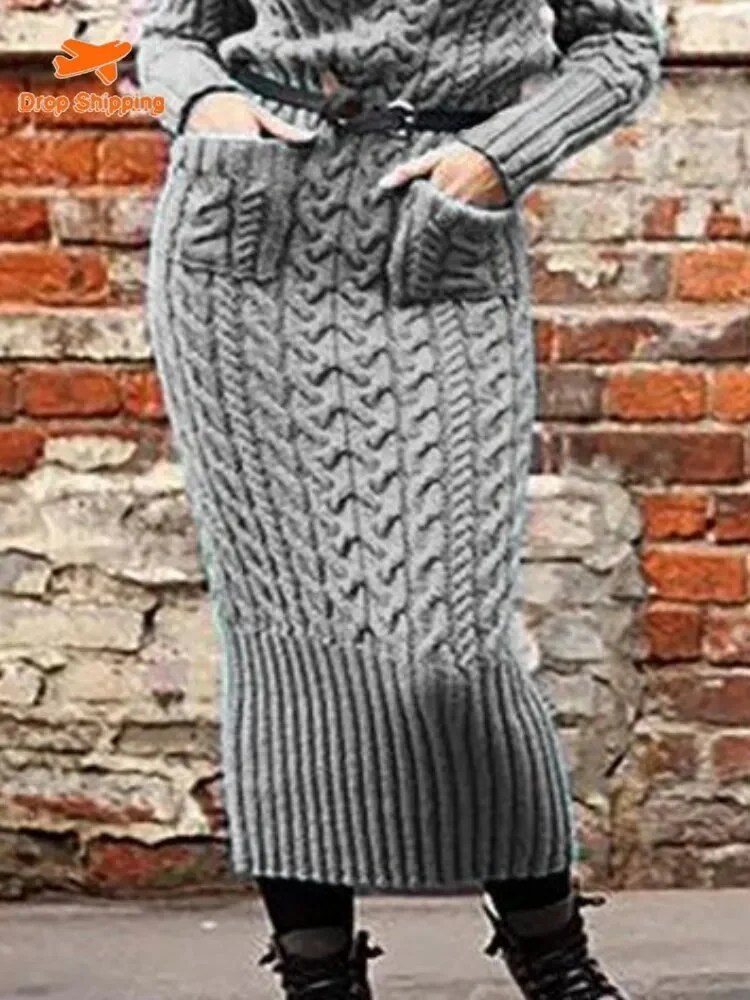 Damen Wollkleid Rollkragen Stiefelkleid Herbstkleid Winterkleid Strickkleid