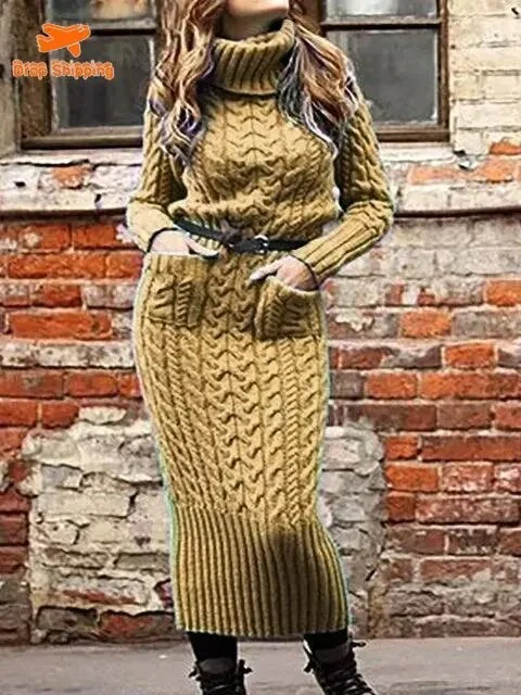 Damen Wollkleid Rollkragen Stiefelkleid Herbstkleid Winterkleid Strickkleid