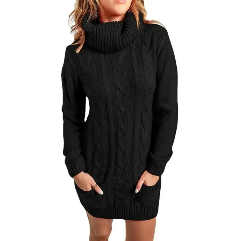 Damen Wollkleid Rollkragen Herbstkleid Winterkleid Strickkleid Longpullover