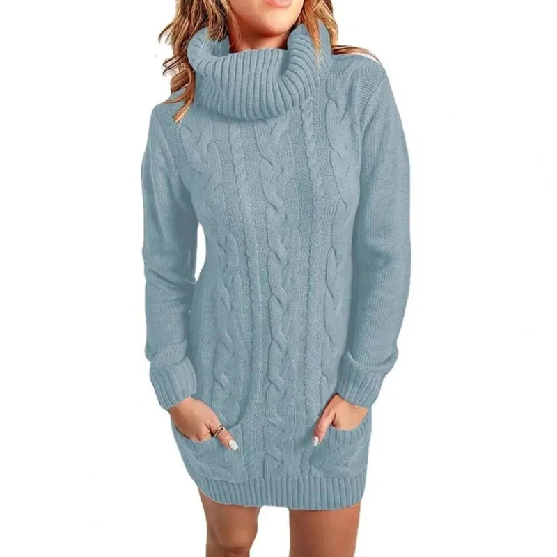 Damen Wollkleid Rollkragen Herbstkleid Winterkleid Strickkleid Longpullover