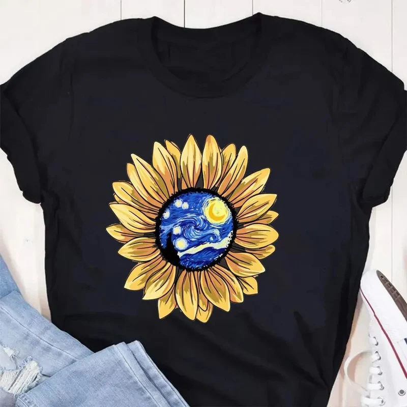 Damen Sommer Top Sonnenblume T-Shirt Rundhals Streetwear lockeres Damentop