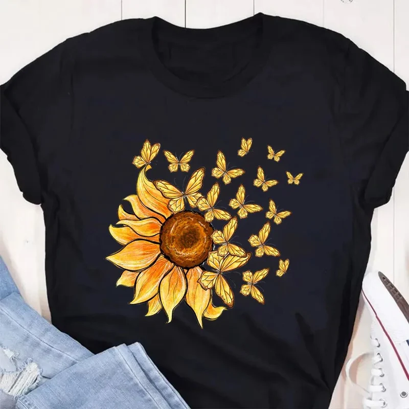 Damen Sommer Top Sonnenblume T-Shirt Rundhals Streetwear lockeres Damentop