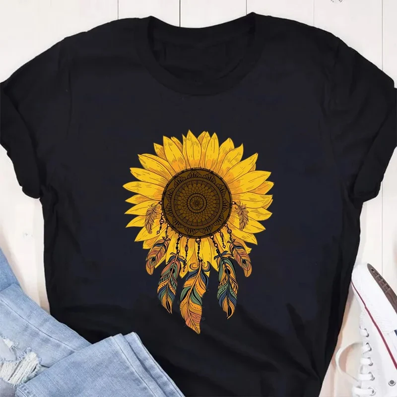 Damen Sommer Top Sonnenblume T-Shirt Rundhals Streetwear lockeres Damentop