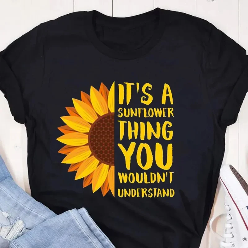 Damen Sommer Top Sonnenblume T-Shirt Rundhals Streetwear lockeres Damentop