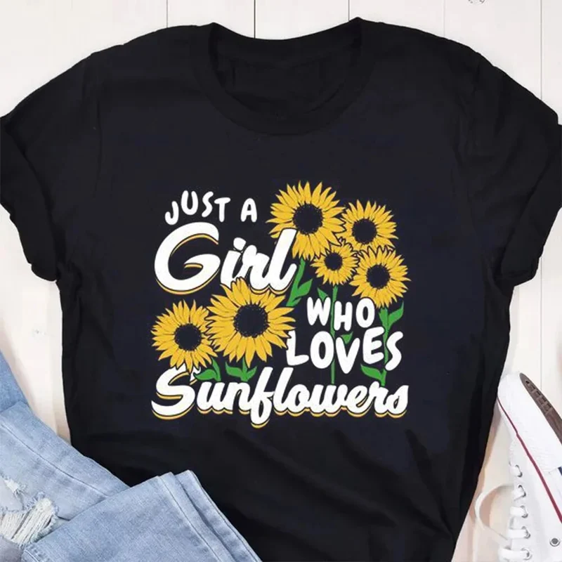 Damen Sommer Top Sonnenblume T-Shirt Rundhals Streetwear lockeres Damentop