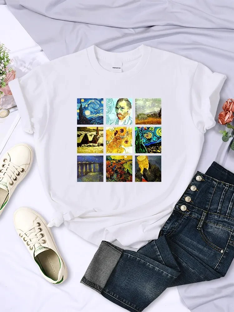 Damen Sommer Top Van Gogh Hipster T-Shirt Rundhals Streetwear lockeres Damentop