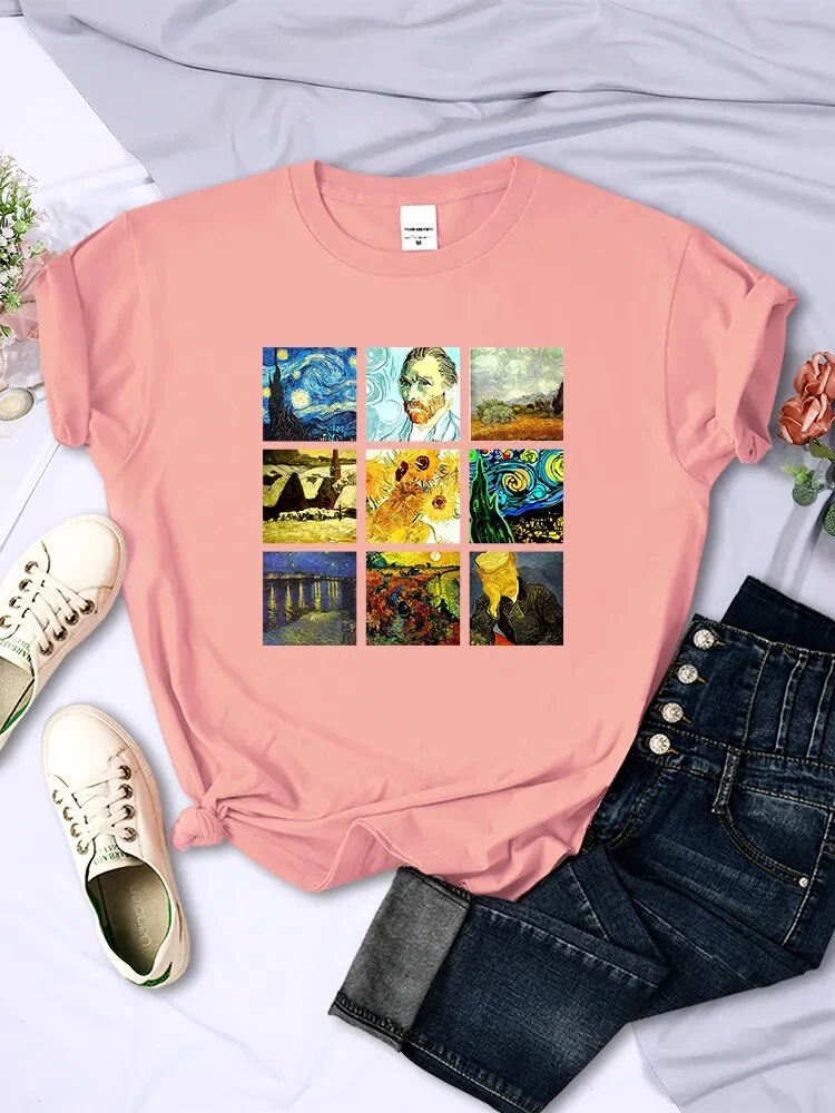 Damen Sommer Top Van Gogh Hipster T-Shirt Rundhals Streetwear lockeres Damentop