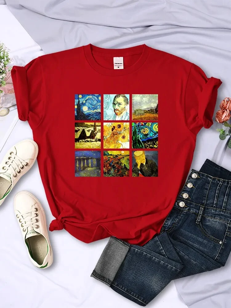 Damen Sommer Top Van Gogh Hipster T-Shirt Rundhals Streetwear lockeres Damentop