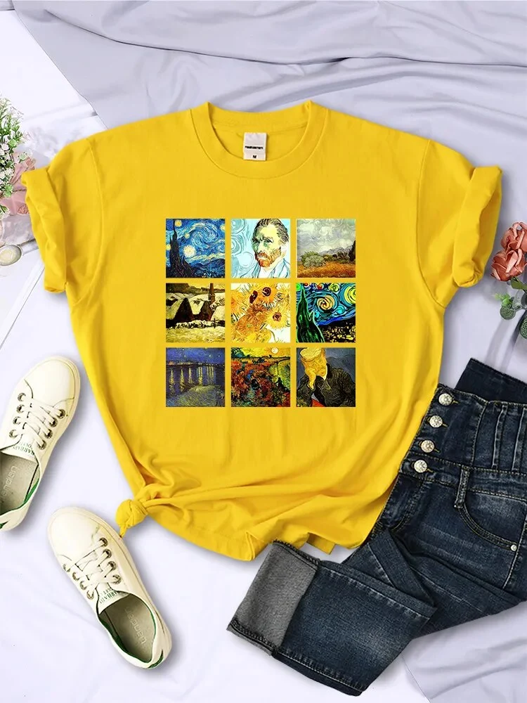 Damen Sommer Top Van Gogh Hipster T-Shirt Rundhals Streetwear lockeres Damentop