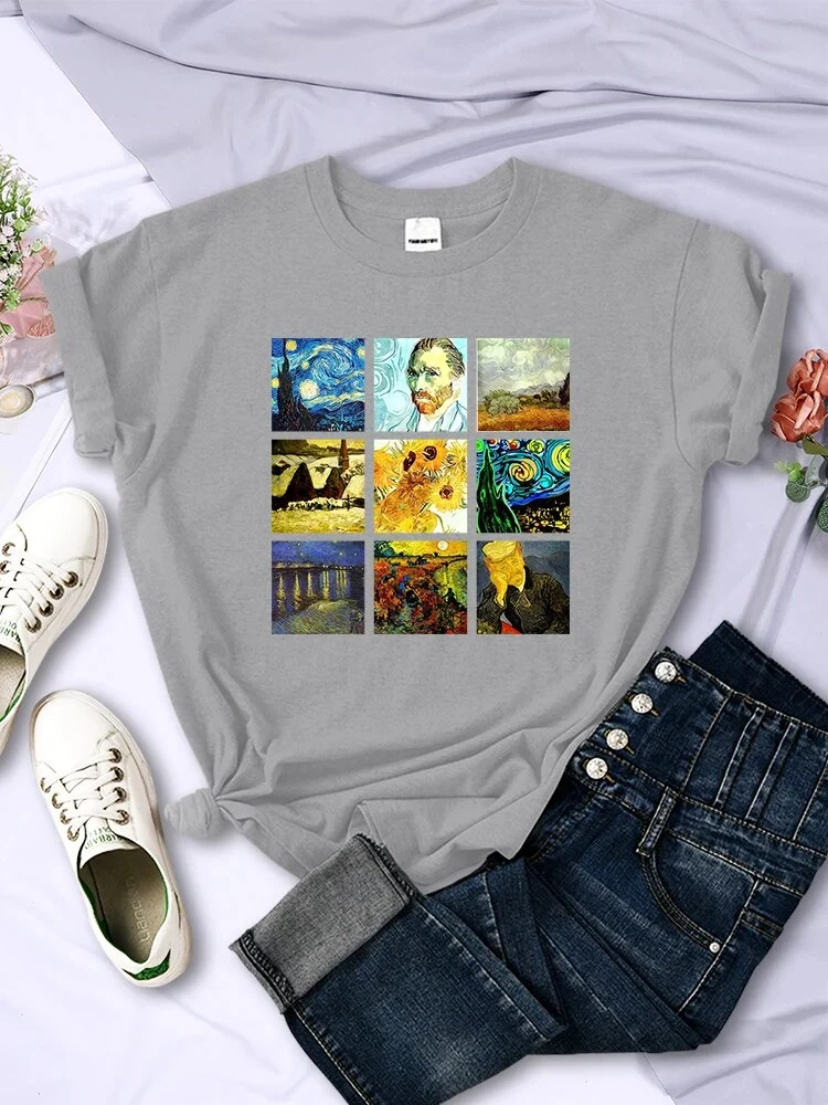 Damen Sommer Top Van Gogh Hipster T-Shirt Rundhals Streetwear lockeres Damentop
