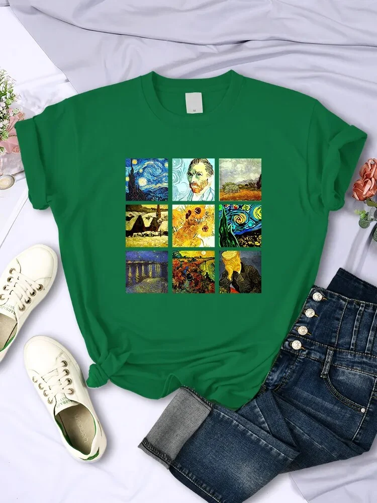 Damen Sommer Top Van Gogh Hipster T-Shirt Rundhals Streetwear lockeres Damentop