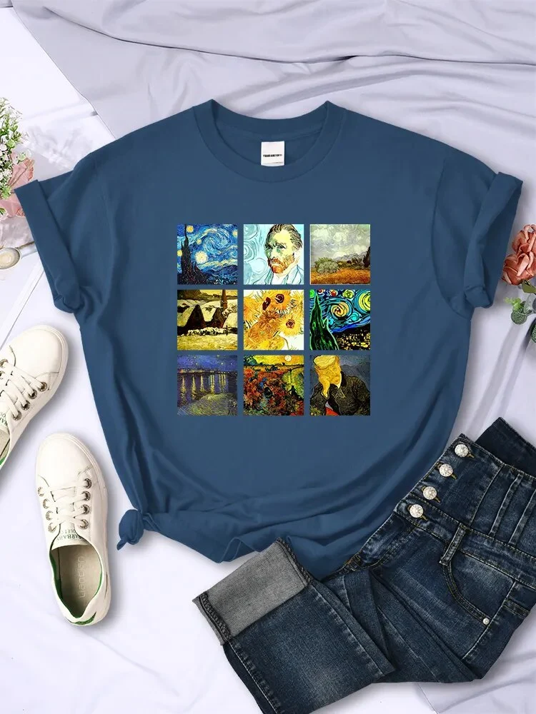 Damen Sommer Top Van Gogh Hipster T-Shirt Rundhals Streetwear lockeres Damentop