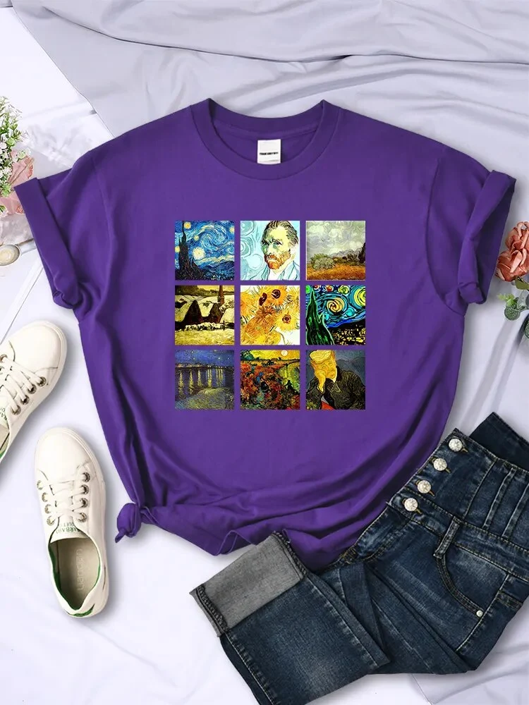 Damen Sommer Top Van Gogh Hipster T-Shirt Rundhals Streetwear lockeres Damentop