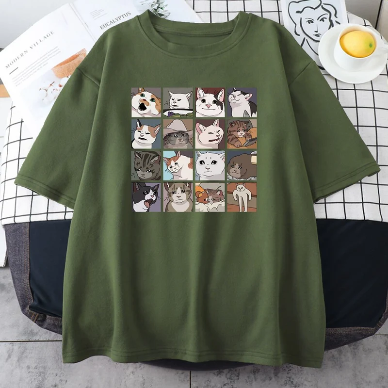 Damen Sommer Top Katze Hipster T-Shirt Rundhals Streetwear lockeres Damentop